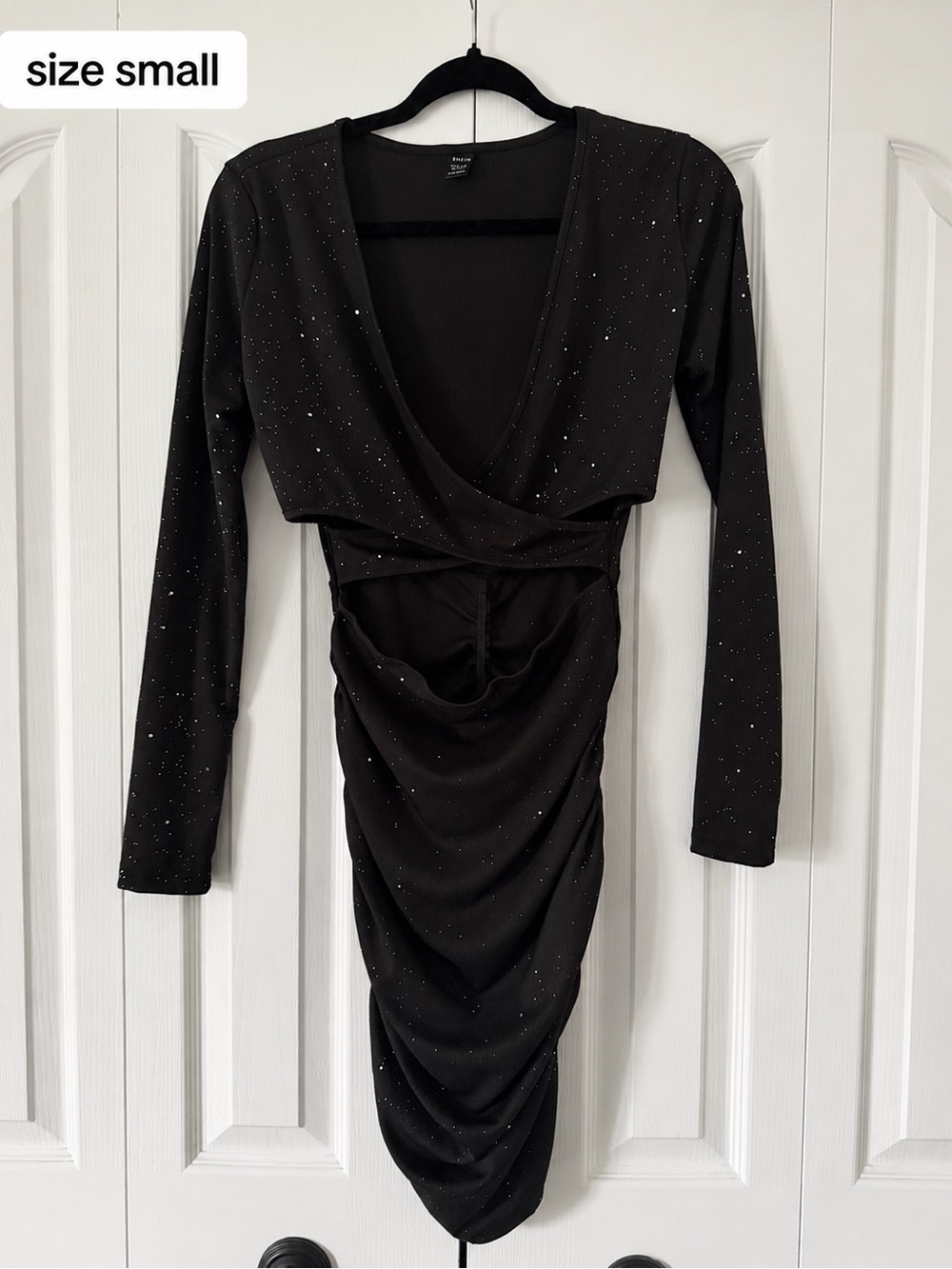 Black Ruched V-Neck Long Sleeve Dress - Sparkle Detail